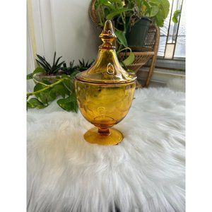 amber glass compote bowl candy dish catch all MCM etched lidded